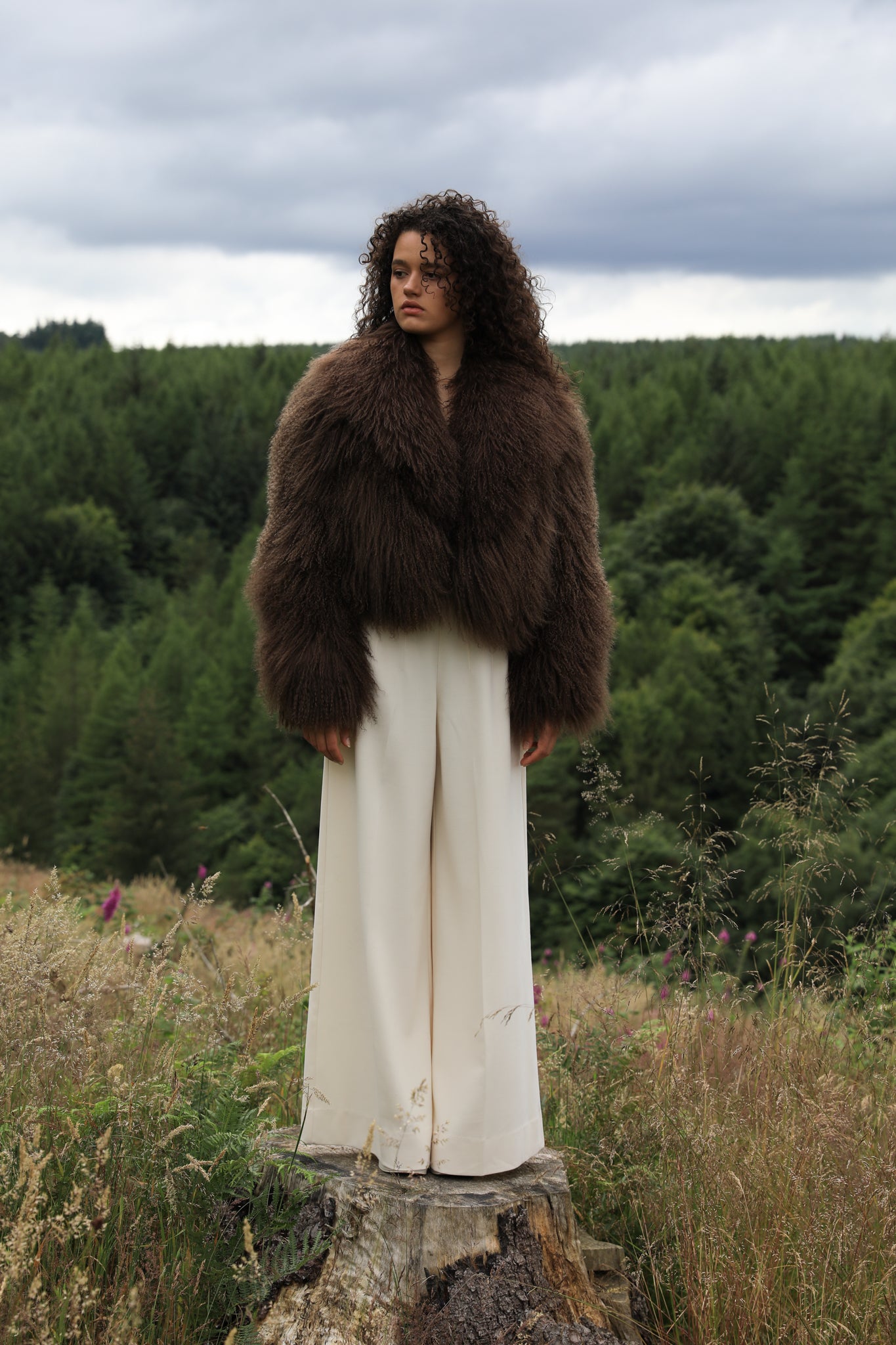 Josephine Jones' signature chocolate-colored Mongolian fur coat, featuring a voluminous collar. A luxurious staple piece perfect for adding warmth and elegance to any ensemble.