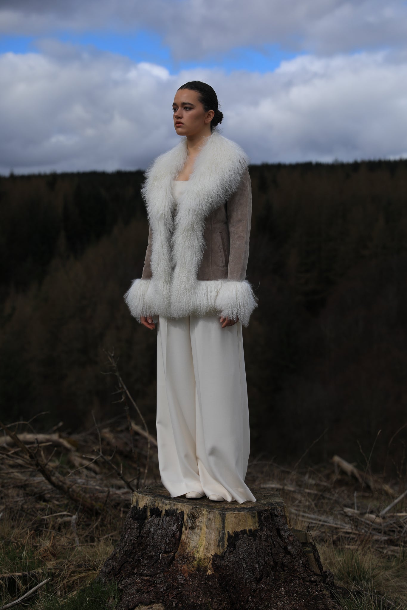 Taupe suede Afghan Penny Lane style jacket with white Mongolian fur trims from Josephine Jones - luxurious outerwear for a timeless and elegant look.