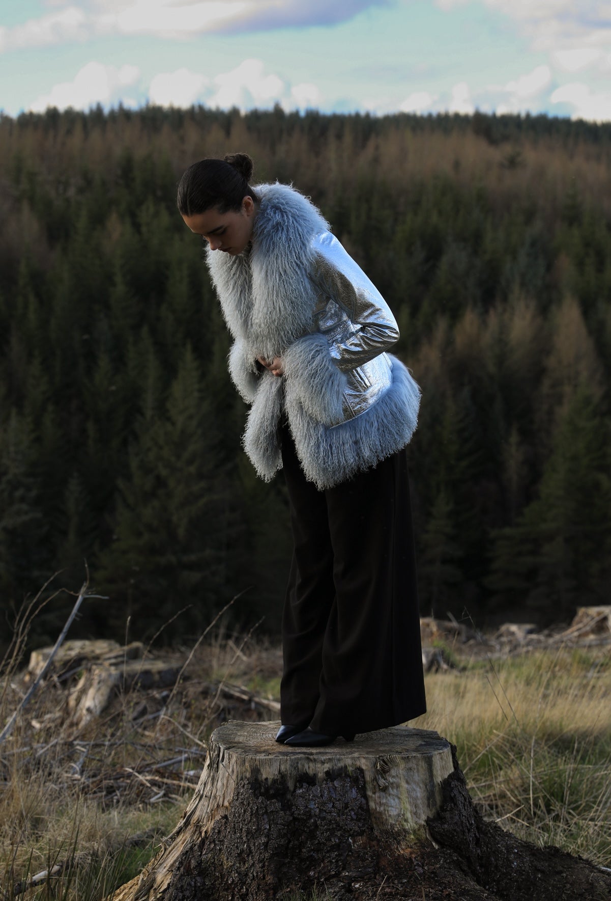 Josephine Jones' Silver Suede Afghan Penny Lane Jacket with Grey Mongolian Fur Trims - A luxurious statement piece crafted from genuine suede leather, featuring exquisite silver hue and sumptuous grey Mongolian fur accents. Elevate your style with this iconic and timeless jacket.