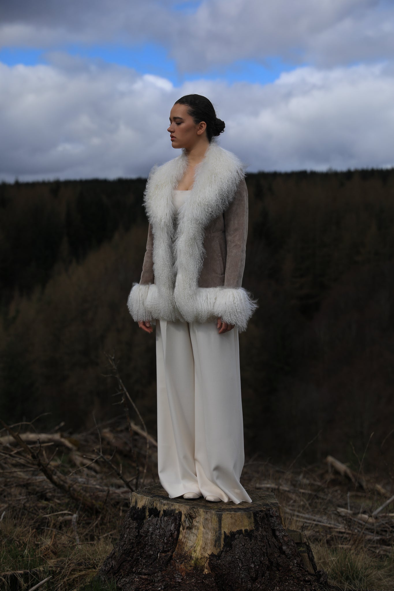 Taupe suede Afghan Penny Lane style jacket with white Mongolian fur trims from Josephine Jones - luxurious outerwear for a timeless and elegant look.