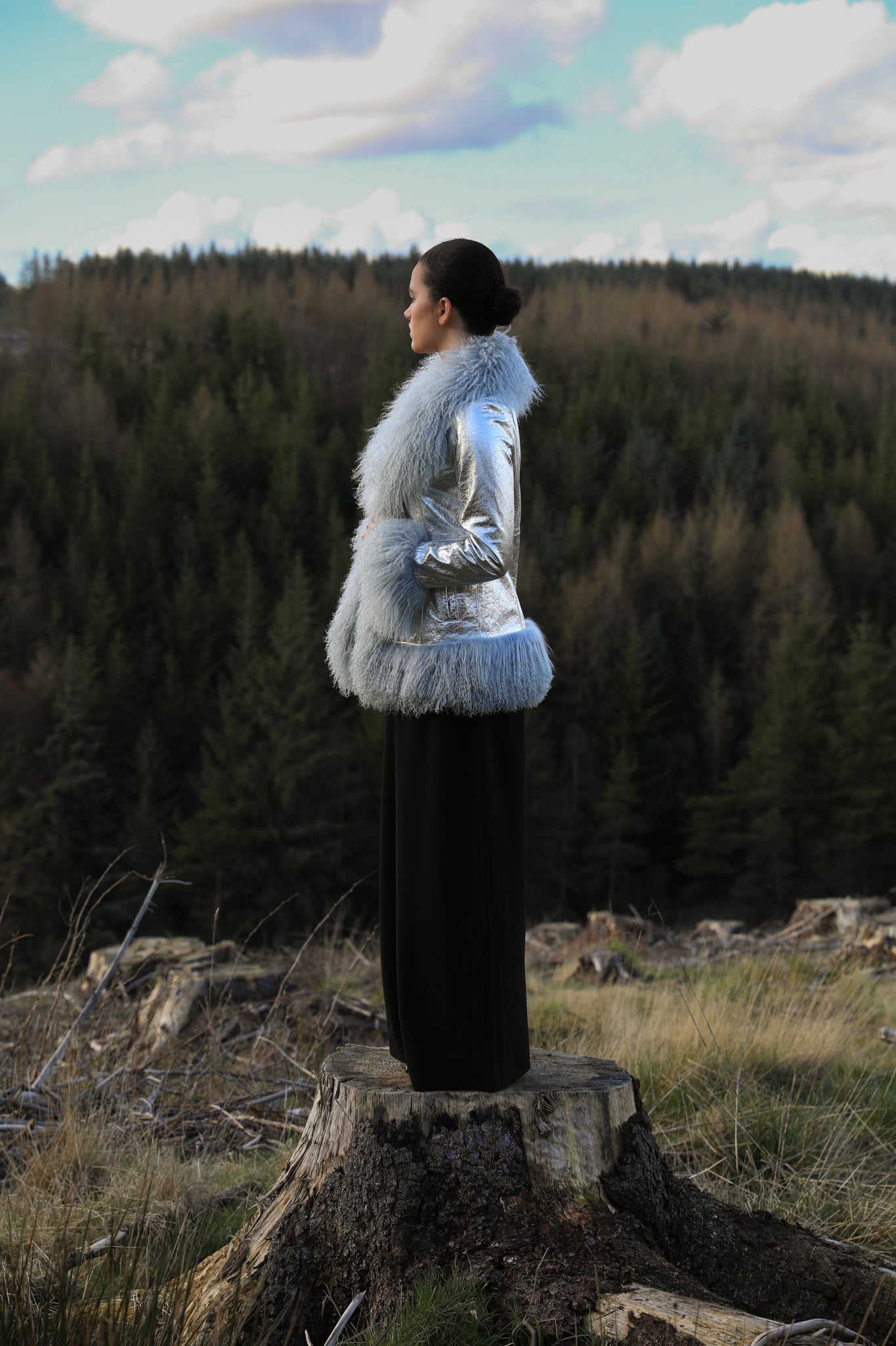 Josephine Jones' Silver Suede Afghan Penny Lane Jacket with Grey Mongolian Fur Trims - A luxurious statement piece crafted from genuine suede leather, featuring exquisite silver hue and sumptuous grey Mongolian fur accents. Elevate your style with this iconic and timeless jacket.