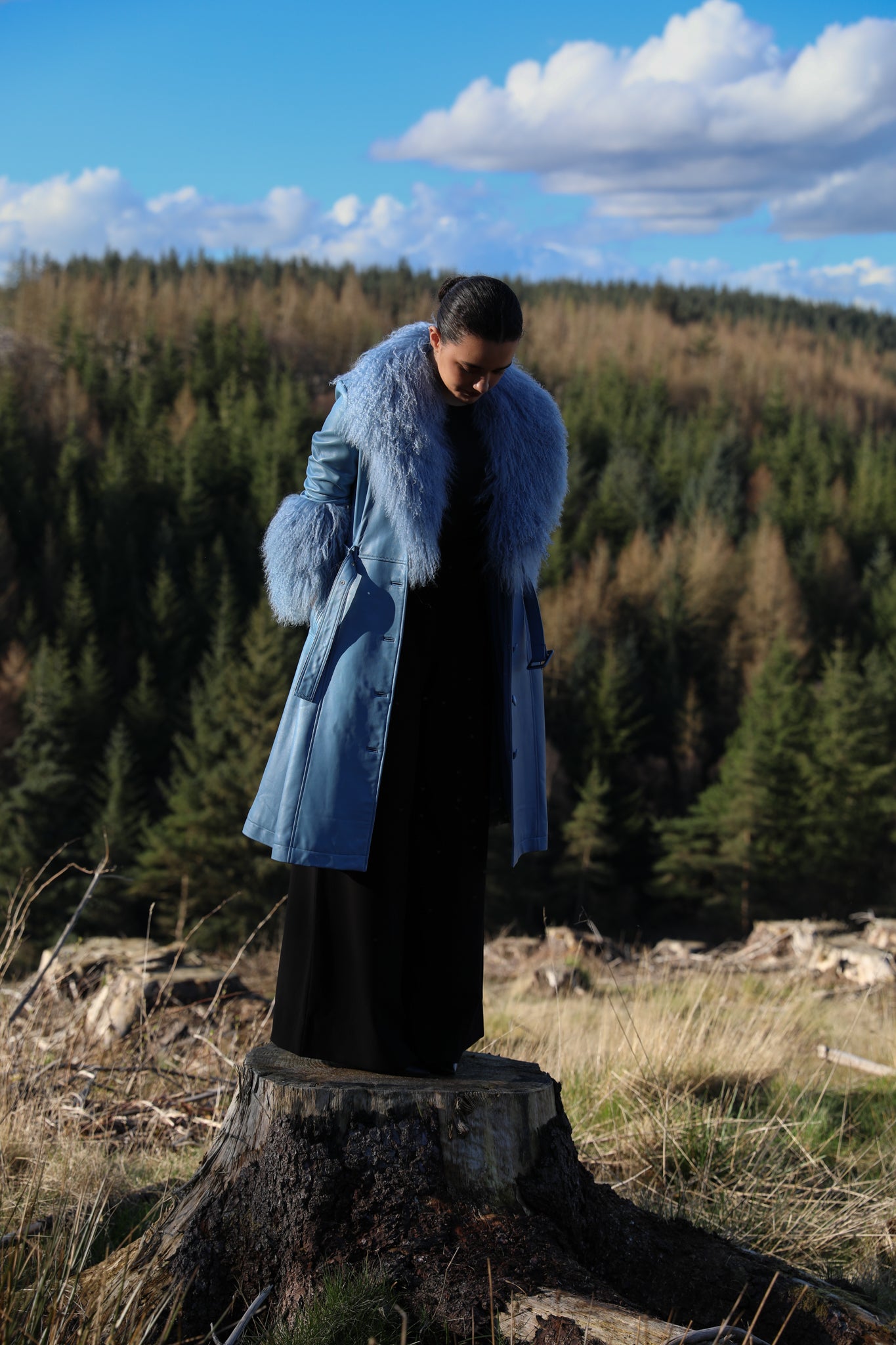 Josephine Jones Cornflower Blue Genuine Leather Trench Coat with Mongolian Fur Collar and Cuffs - Elevate your style with this luxurious trench coat featuring exquisite cornflower blue genuine leather and decadent Mongolian fur accents on the collar and cuffs.