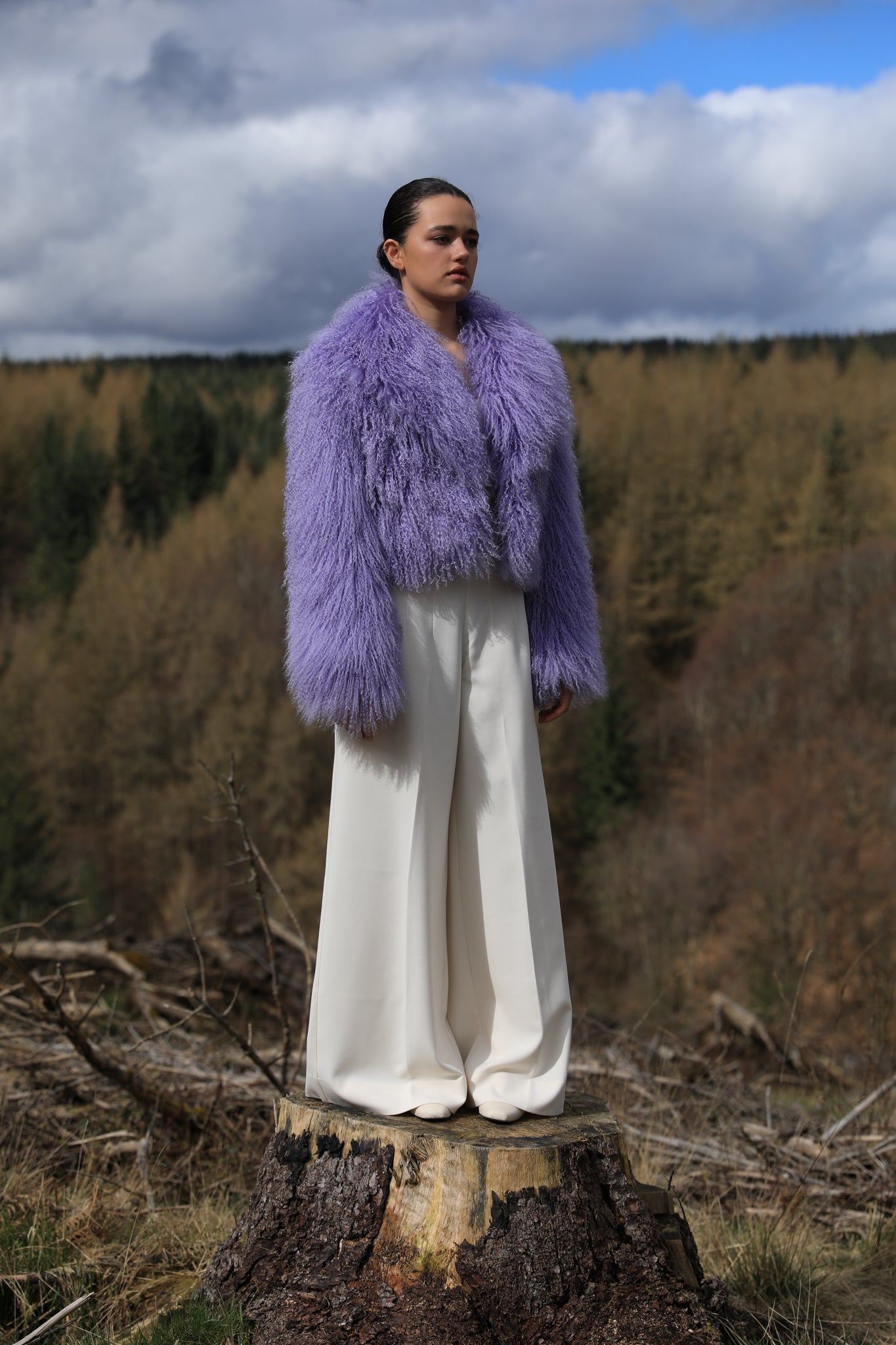 Lavender voluminous collar Mongolian fur coat by Josephine Jones, a classic staple piece in luxury outerwear fashion.