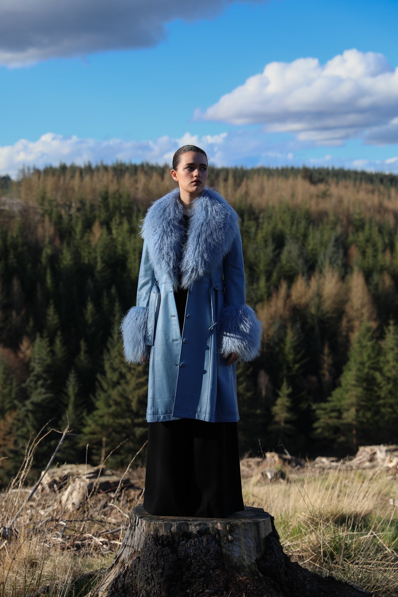 Josephine Jones Cornflower Blue Genuine Leather Trench Coat with Mongolian Fur Collar and Cuffs - Elevate your style with this luxurious trench coat featuring exquisite cornflower blue genuine leather and decadent Mongolian fur accents on the collar and cuffs.