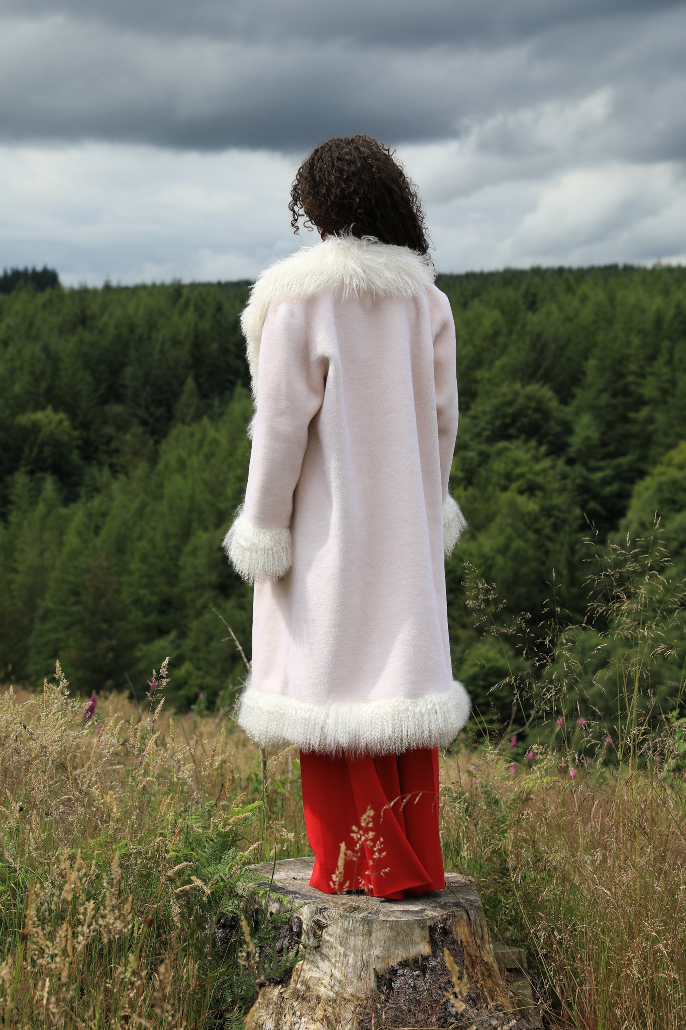 Josephine Jones Buttermint Genuine Shearling Coat with Mongolian Fur Trims - Longline silhouette, luxurious shearling fabric in a soft buttermint hue, adorned with elegant Mongolian fur trims. Perfect blend of style and warmth for the fashion-forward individual.