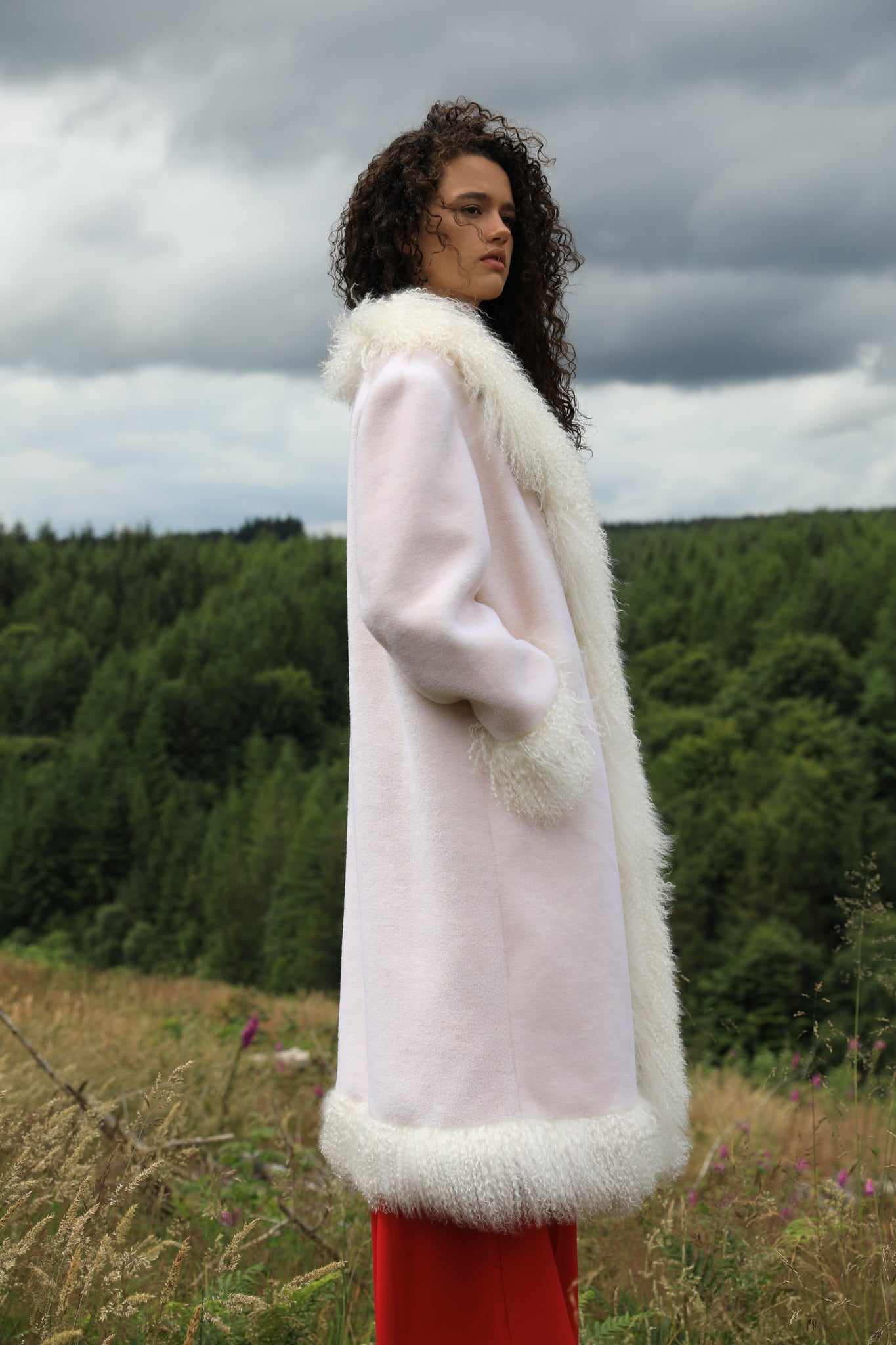 Josephine Jones Buttermint Genuine Shearling Coat with Mongolian Fur Trims - Longline silhouette, luxurious shearling fabric in a soft buttermint hue, adorned with elegant Mongolian fur trims. Perfect blend of style and warmth for the fashion-forward individual.