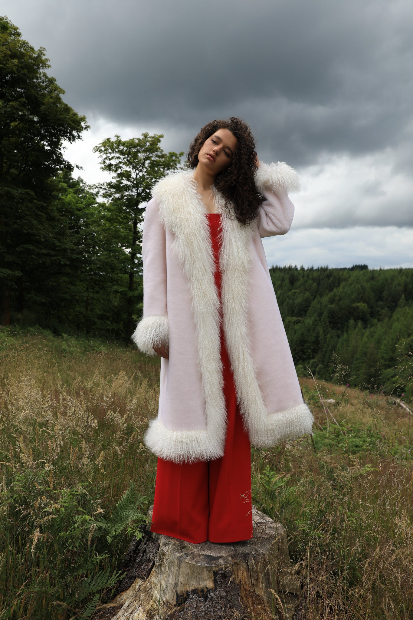 Josephine Jones Buttermint Genuine Shearling Coat with Mongolian Fur Trims - Longline silhouette, luxurious shearling fabric in a soft buttermint hue, adorned with elegant Mongolian fur trims. Perfect blend of style and warmth for the fashion-forward individual.