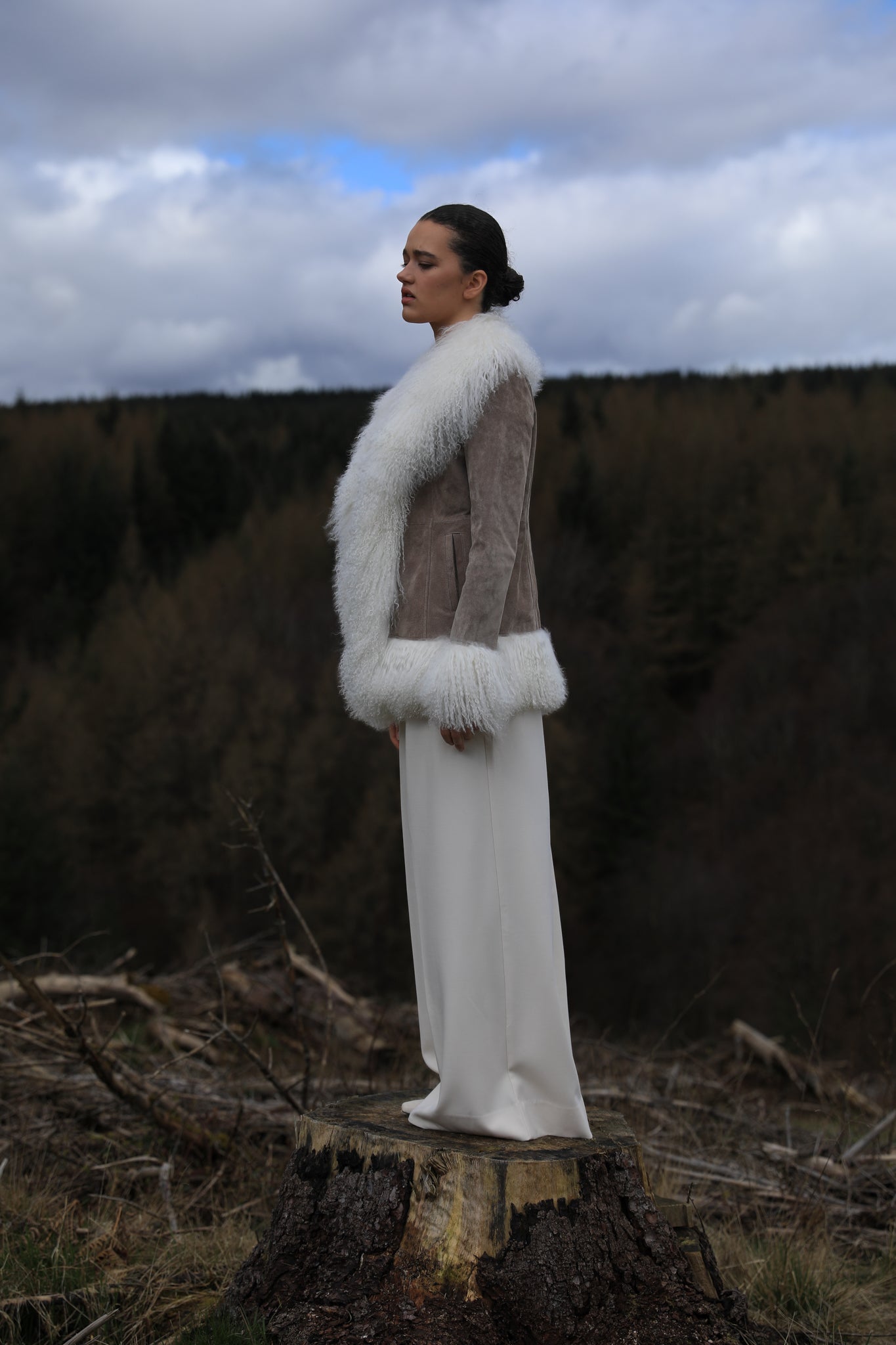 Taupe suede Afghan Penny Lane style jacket with white Mongolian fur trims from Josephine Jones - luxurious outerwear for a timeless and elegant look.