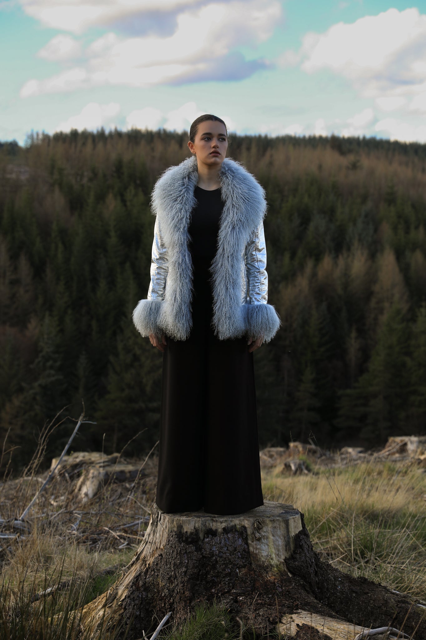 Josephine Jones' Silver Suede Afghan Penny Lane Jacket with Grey Mongolian Fur Trims - A luxurious statement piece crafted from genuine suede leather, featuring exquisite silver hue and sumptuous grey Mongolian fur accents. Elevate your style with this iconic and timeless jacket.