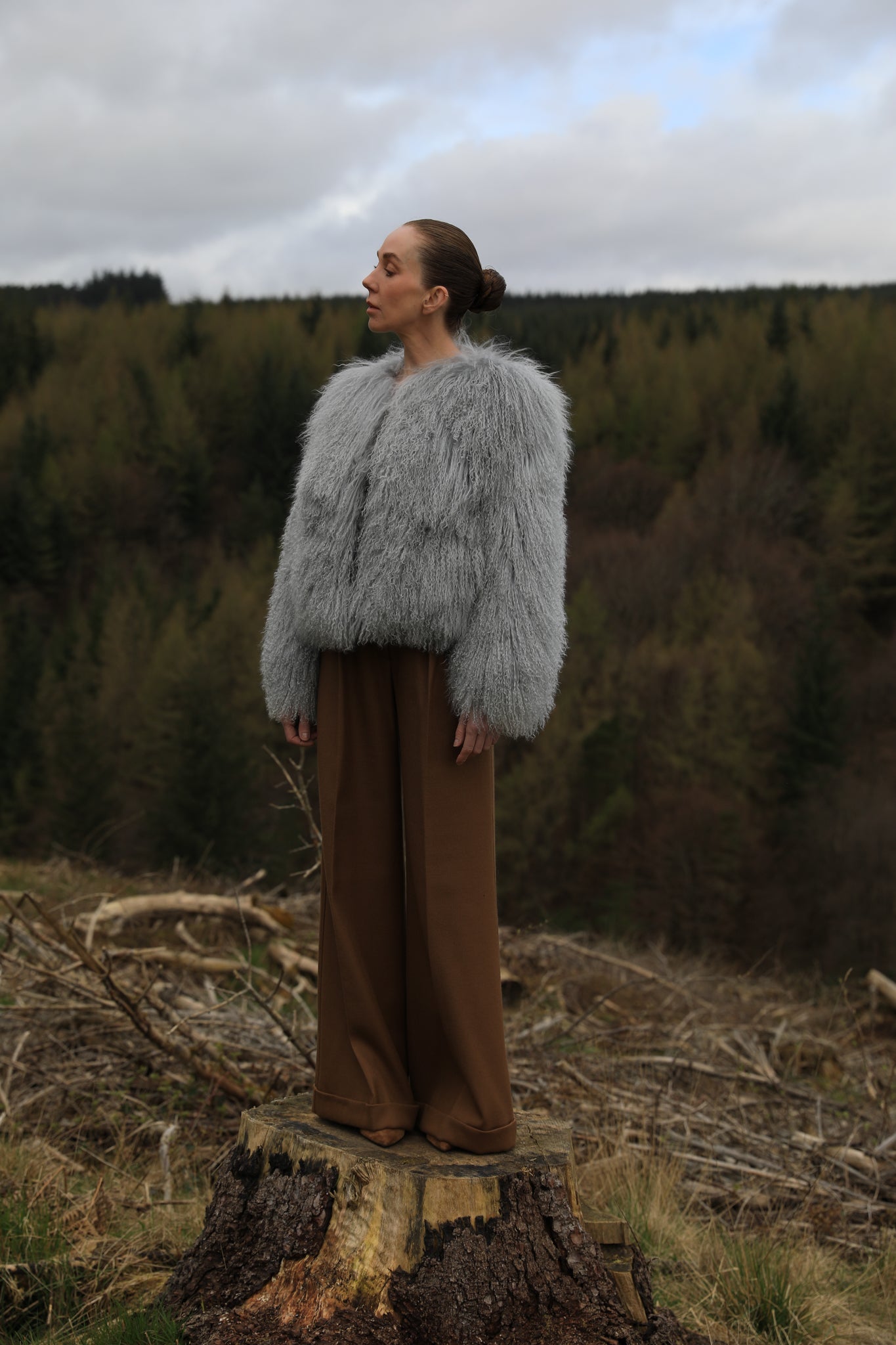 A luxurious grey Mongolian fur coat from Josephine Jones, showcasing exquisite craftsmanship and timeless elegance.