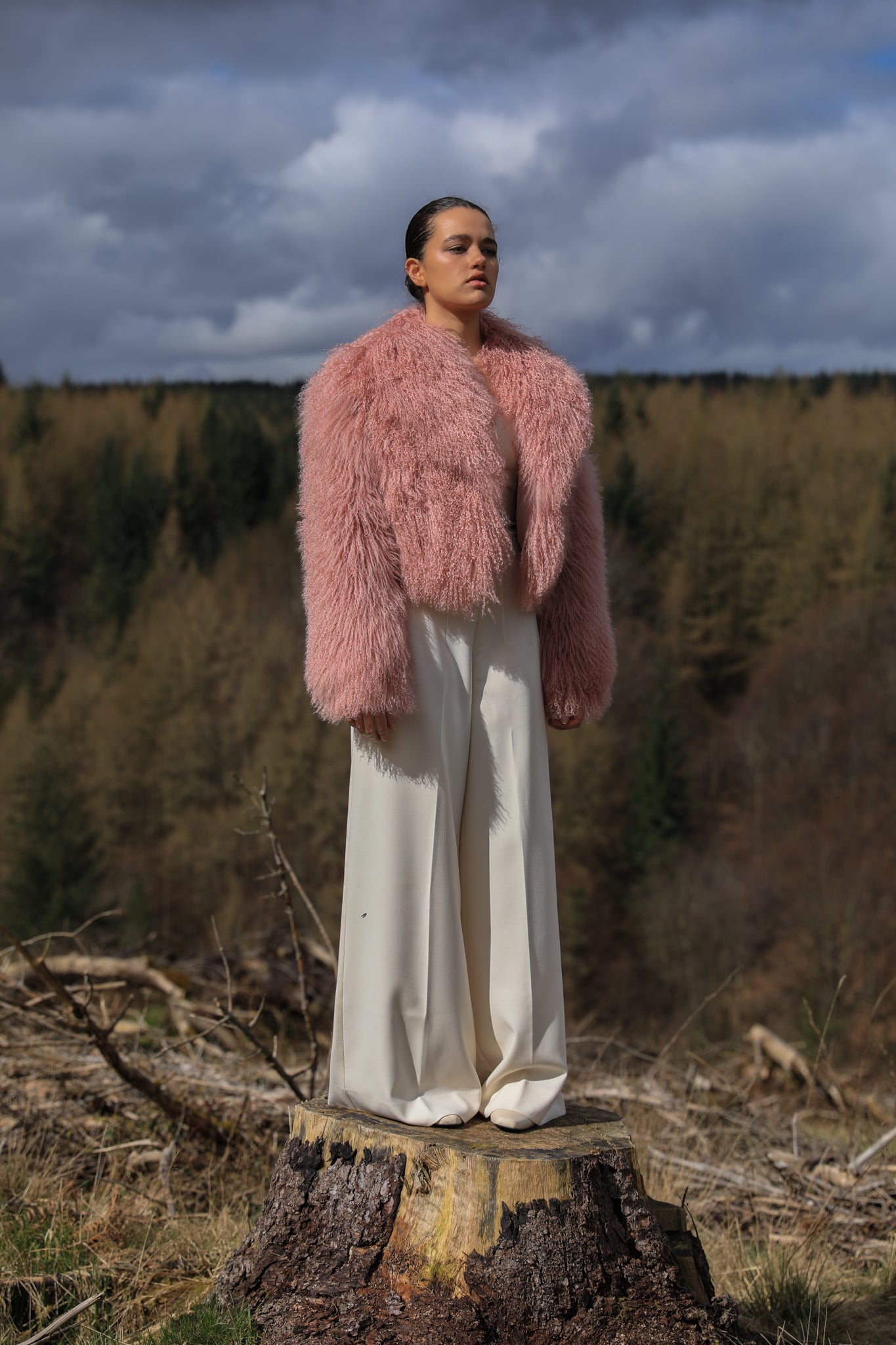 A stunning blush voluminous collar Mongolian fur coat from Josephine Jones, a timeless staple piece for every wardrobe