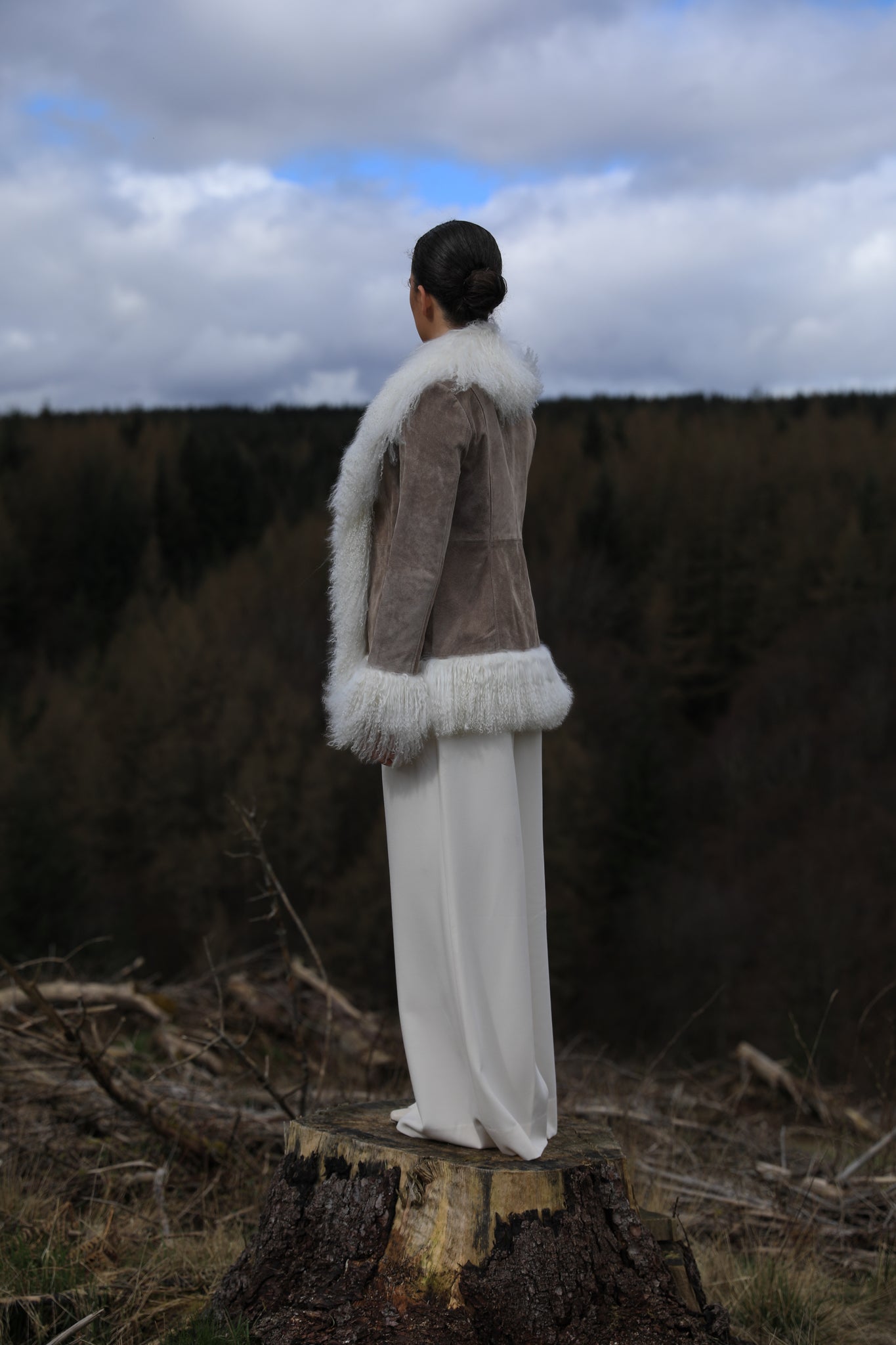 Taupe suede Afghan Penny Lane style jacket with white Mongolian fur trims from Josephine Jones - luxurious outerwear for a timeless and elegant look.