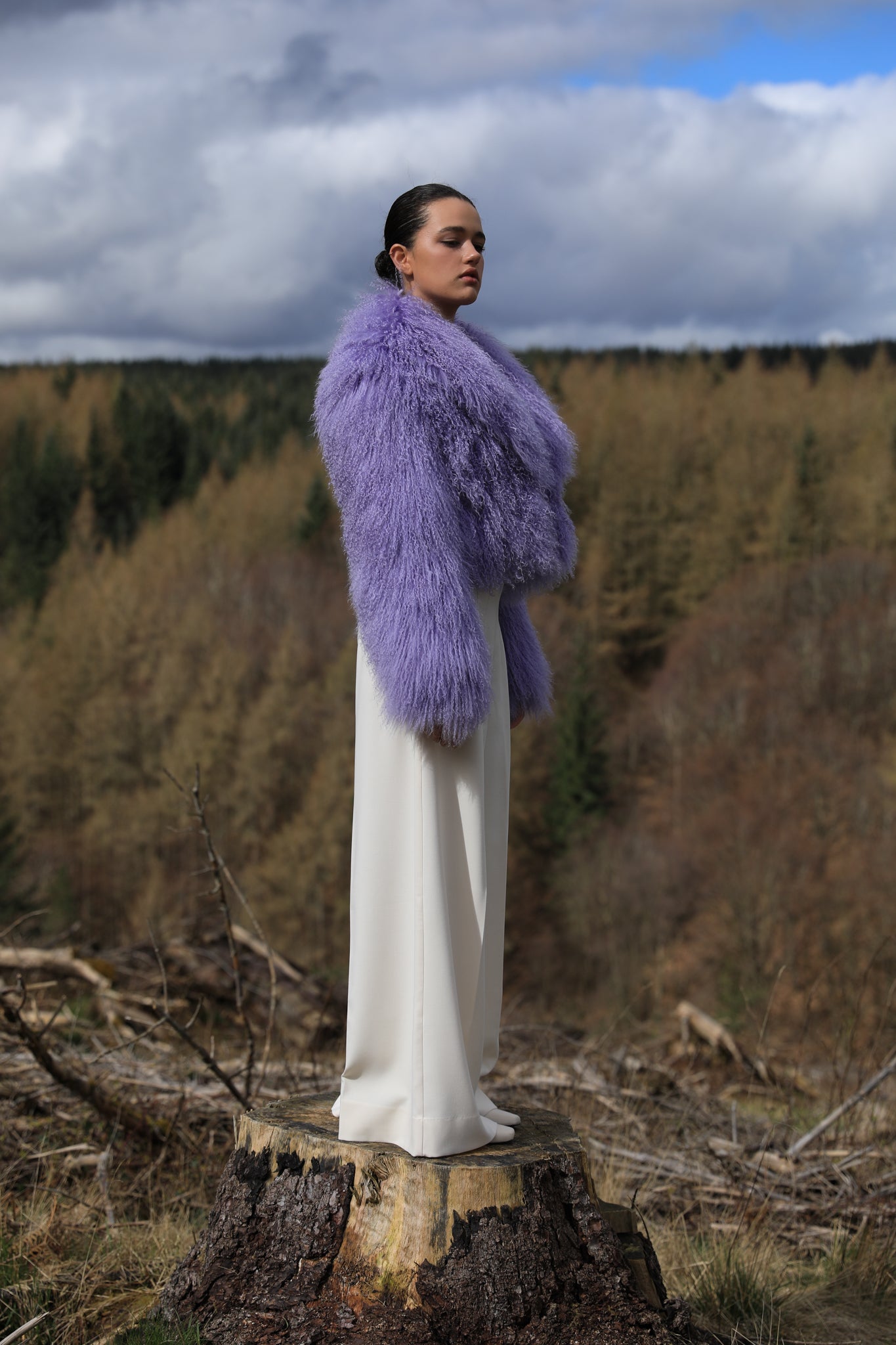 Lavender voluminous collar Mongolian fur coat by Josephine Jones, a classic staple piece in luxury outerwear fashion.