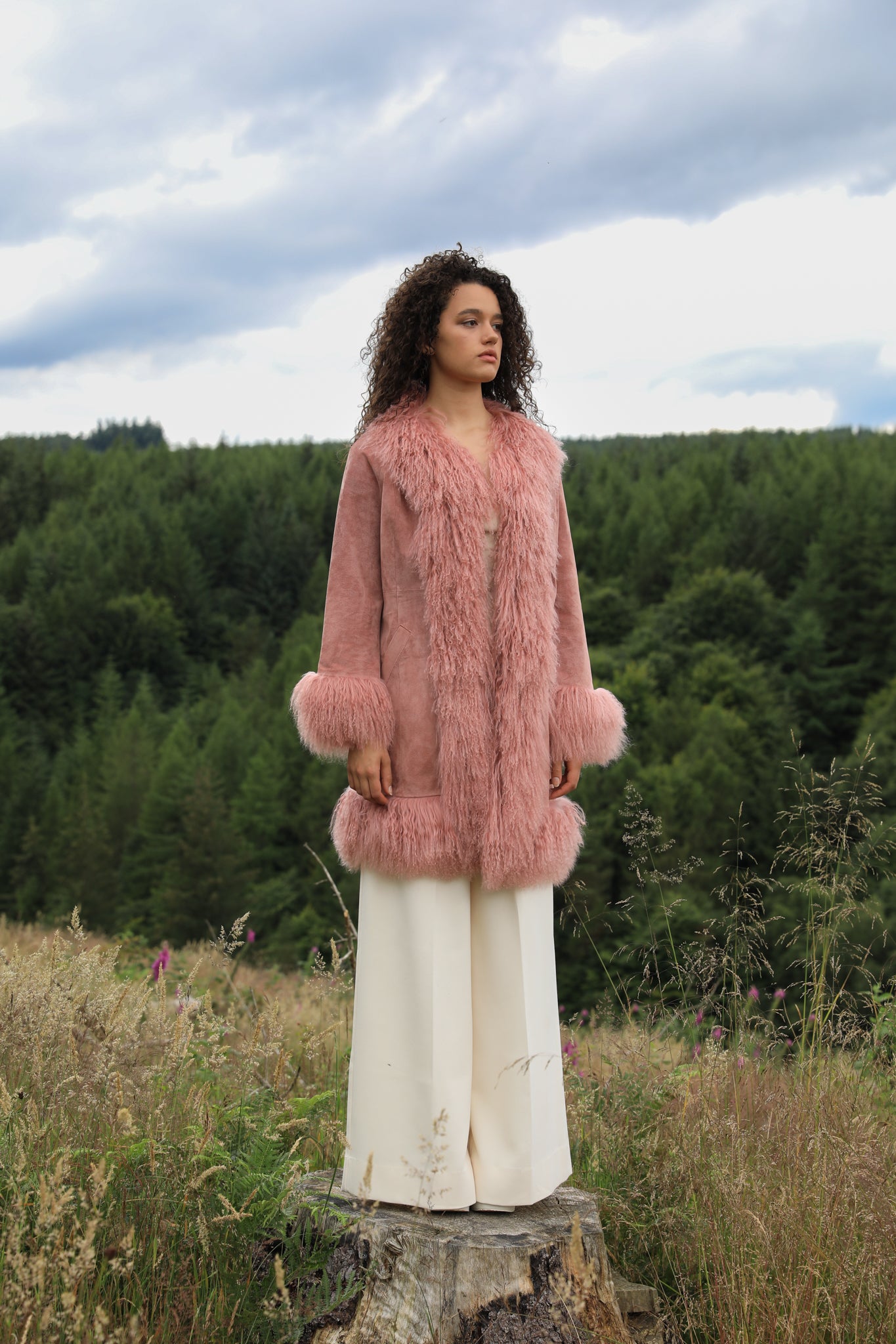 Blush genuine suede Afghan Penny Lane coat with mid-length design and crew neck, crafted by Josephine Jones.' This alt text provides a concise description of the coat, including its color, material, style, and designer, ensuring accessibility for visually impaired users.