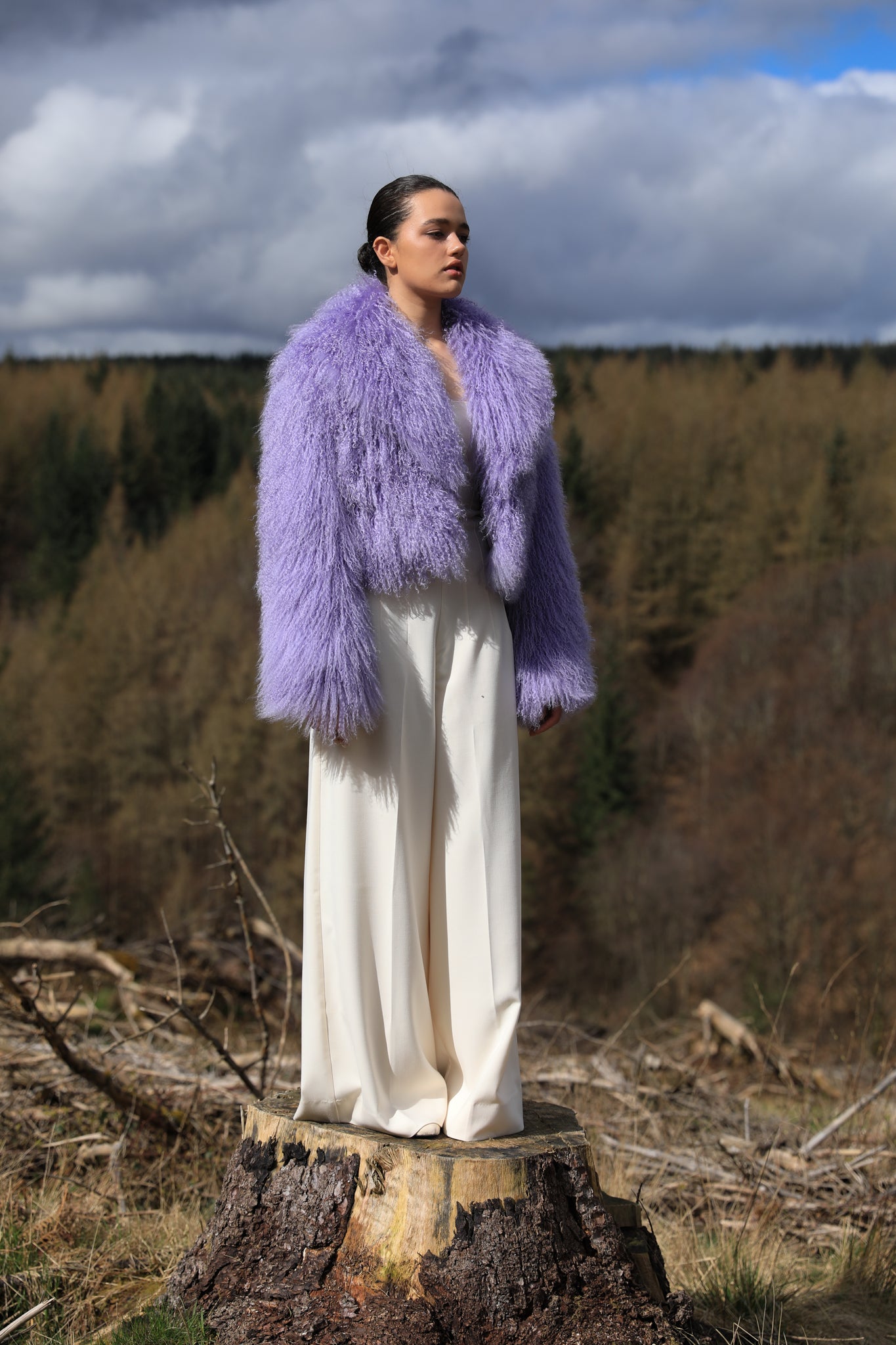 Lavender voluminous collar Mongolian fur coat by Josephine Jones, a classic staple piece in luxury outerwear fashion.