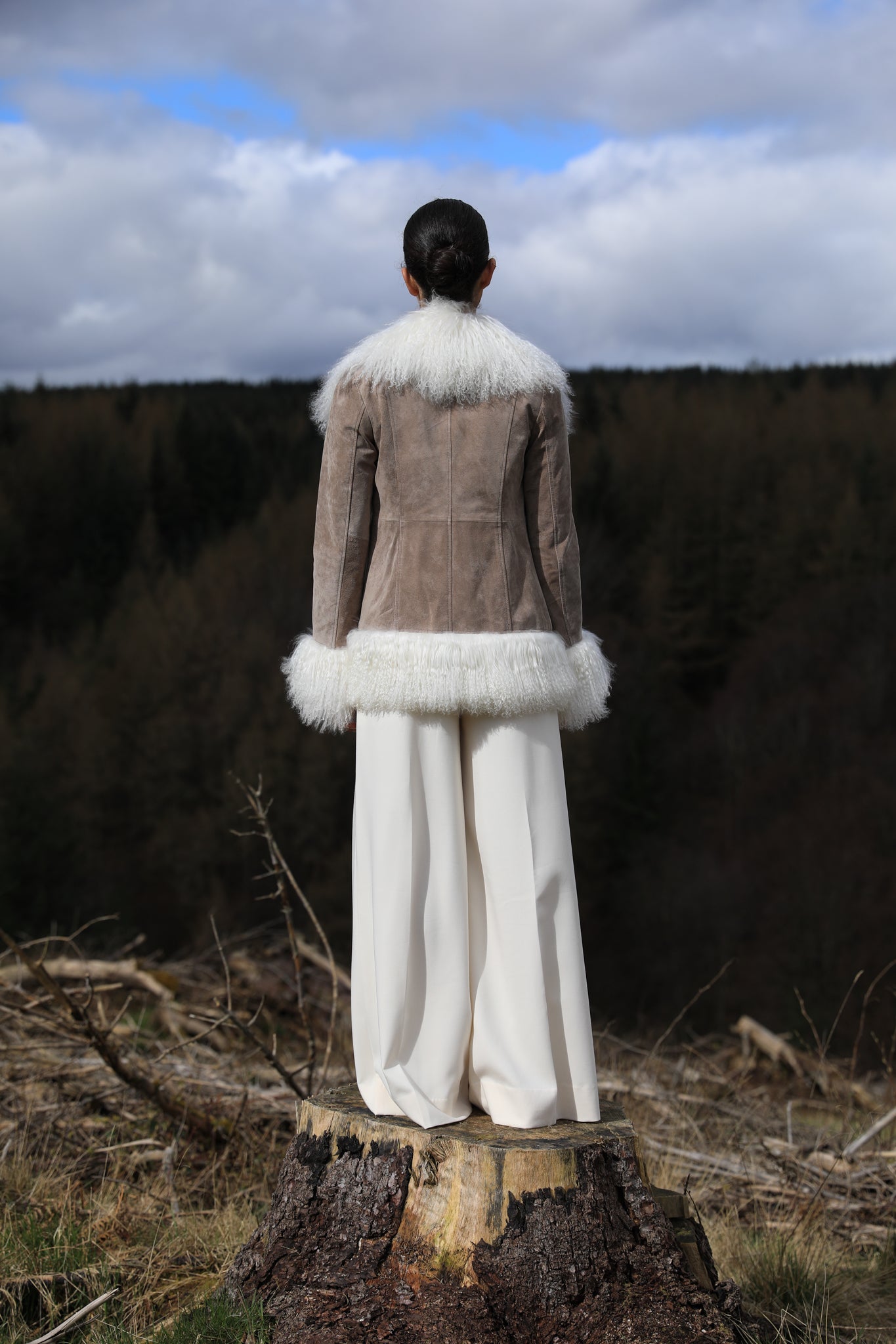 Taupe suede Afghan Penny Lane style jacket with white Mongolian fur trims from Josephine Jones - luxurious outerwear for a timeless and elegant look.