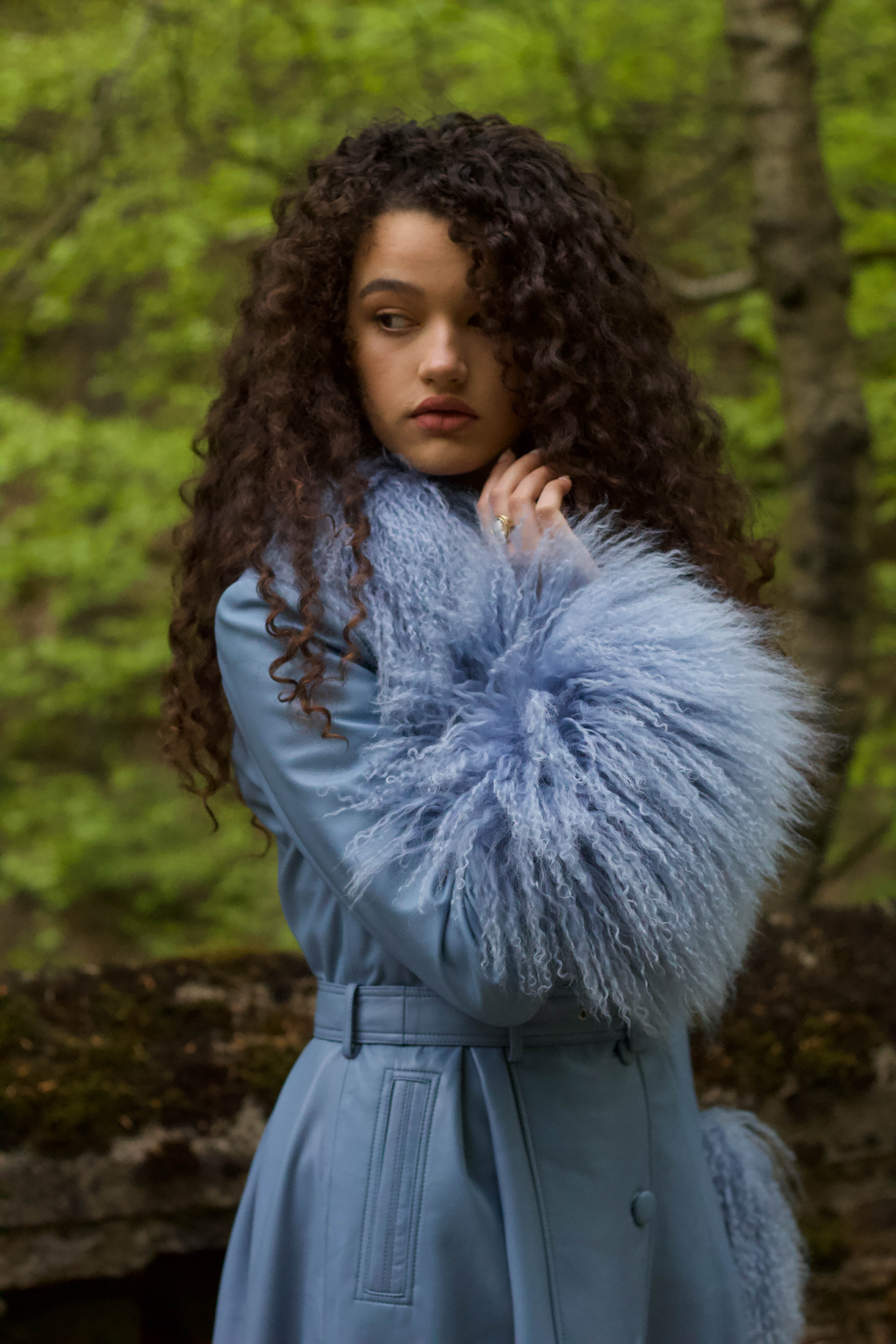 Josephine Jones Cornflower Blue Genuine Leather Trench Coat with Mongolian Fur Collar and Cuffs - Elevate your style with this luxurious trench coat featuring exquisite cornflower blue genuine leather and decadent Mongolian fur accents on the collar and cuffs.