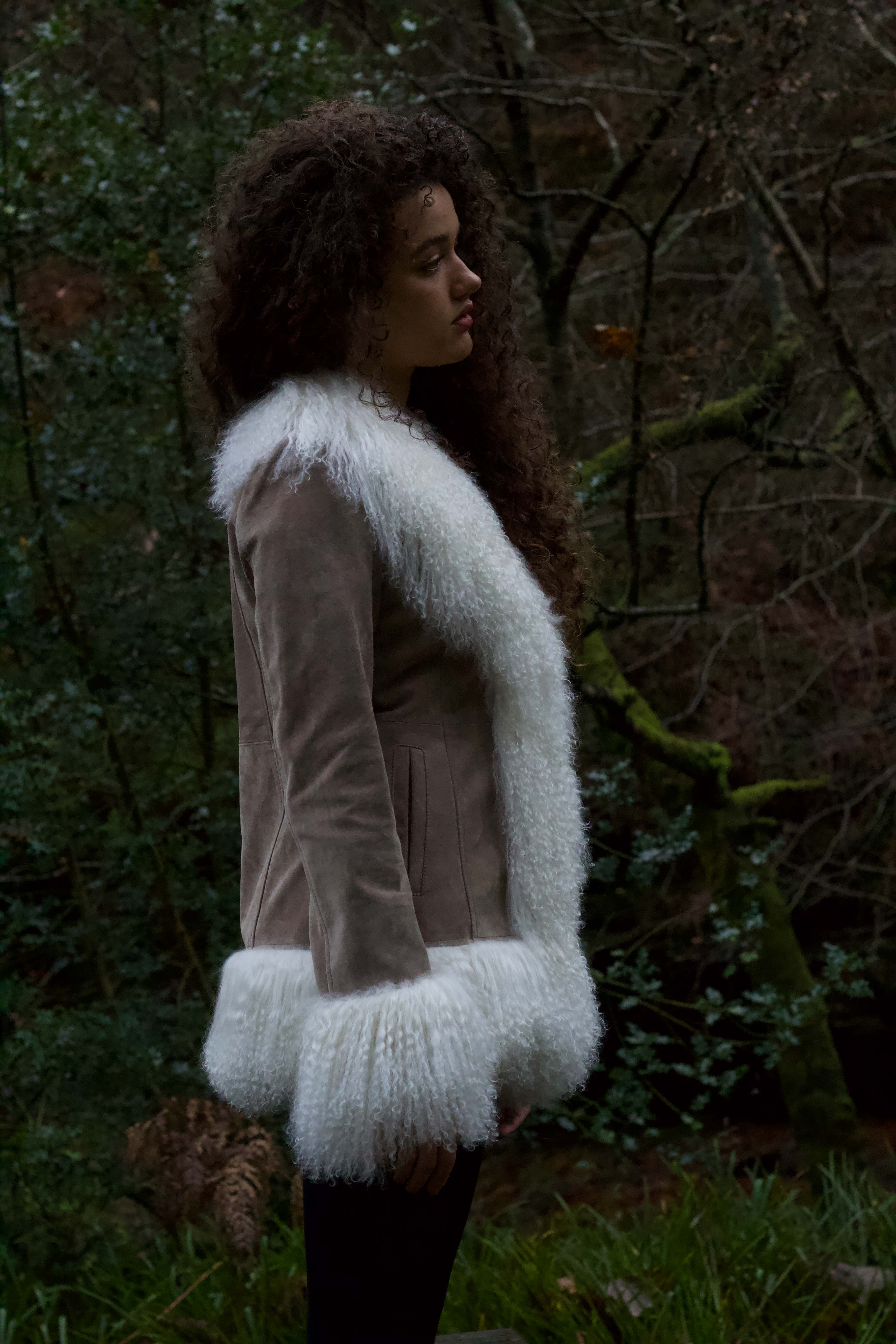 Taupe suede Afghan Penny Lane style jacket with white Mongolian fur trims from Josephine Jones - luxurious outerwear for a timeless and elegant look.